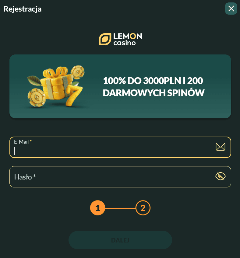 Formularz rejestracji Lemon Casino 